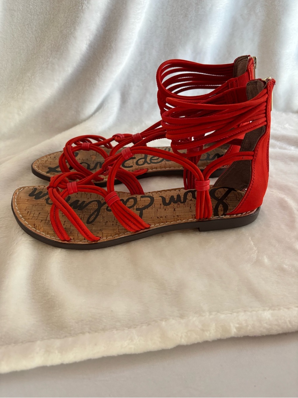 Sam Edelman Gianni Gladiator Leather Sandals Cork Flat Zip Red Size 8.5